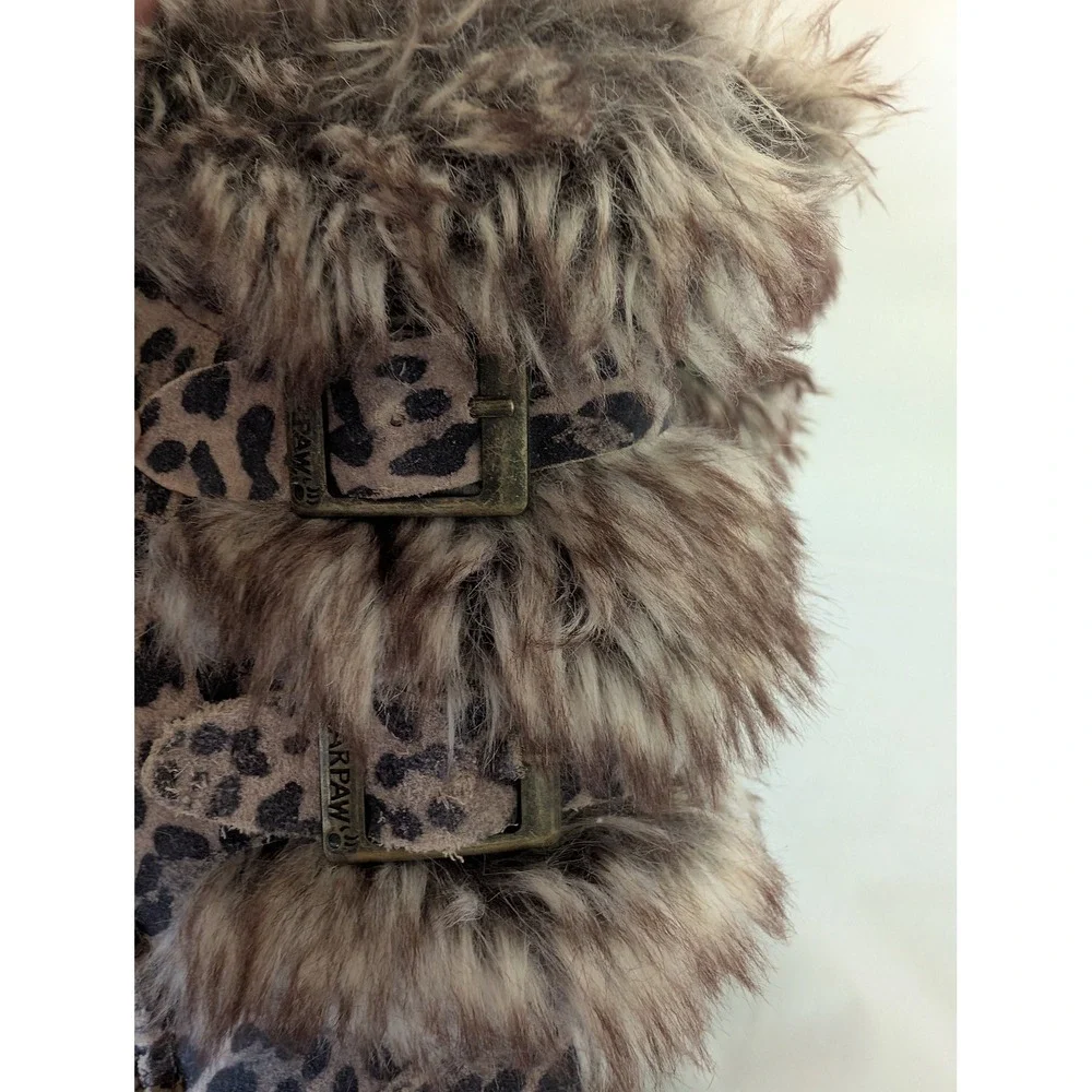 Bearpaw Youth Girls Leopard Print Faux Fur Buckle Boots Brown Tan Size 5
